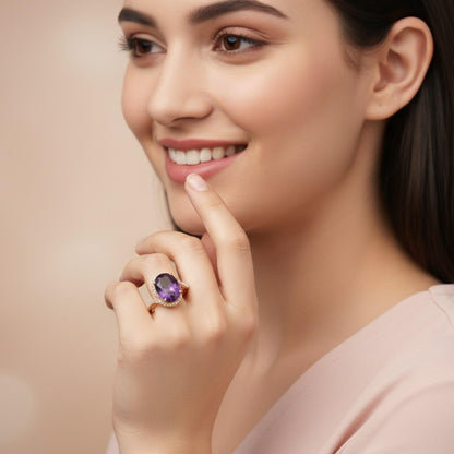 Silver Oval Amethyst Halo Ring for Women