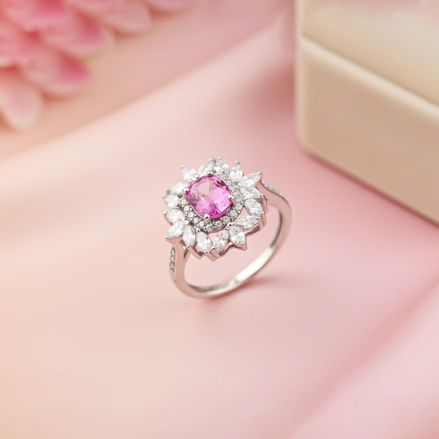 Silver Floral Halo Statement Ring for Women