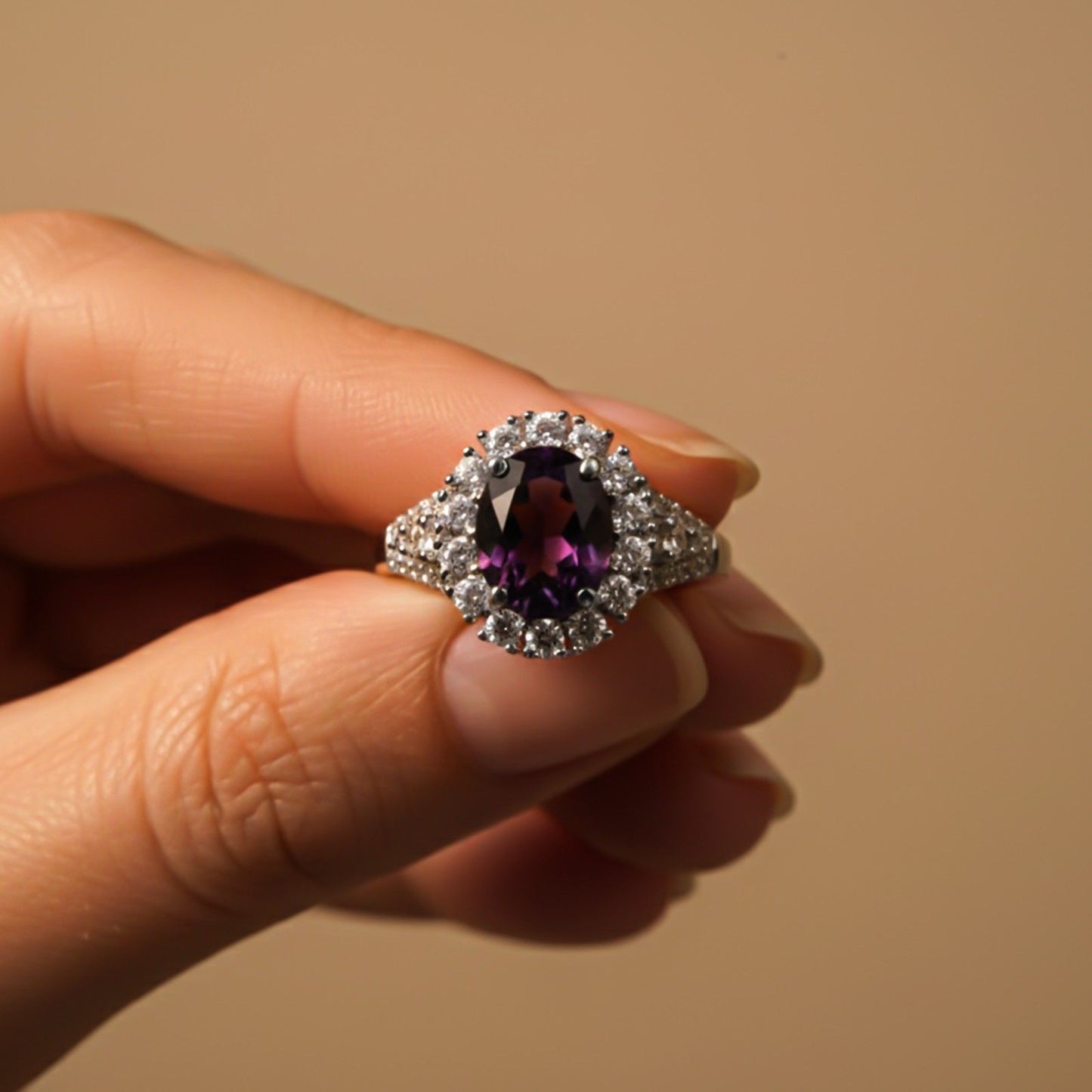 Silver Amethyst Halo Ring for Women