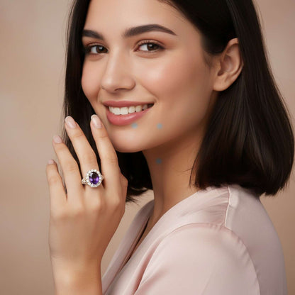 Silver Amethyst Halo Ring for Women