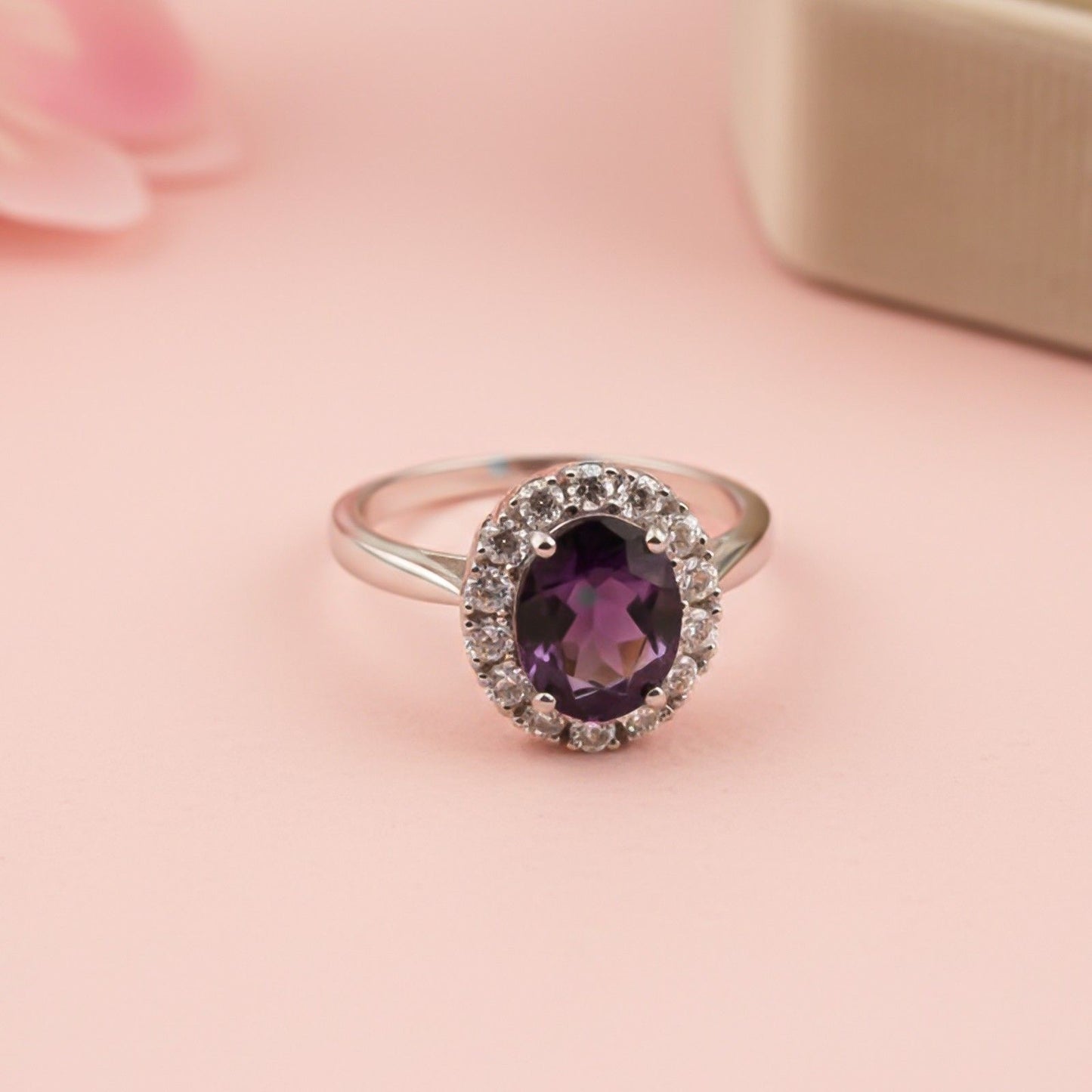 Silver Amethyst Halo Ring for Women
