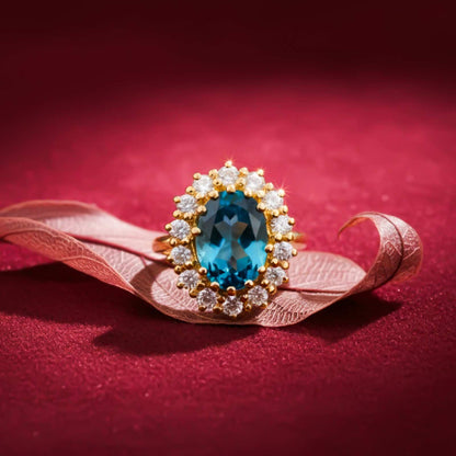 Silver Blue Topaz Halo Ring for Women