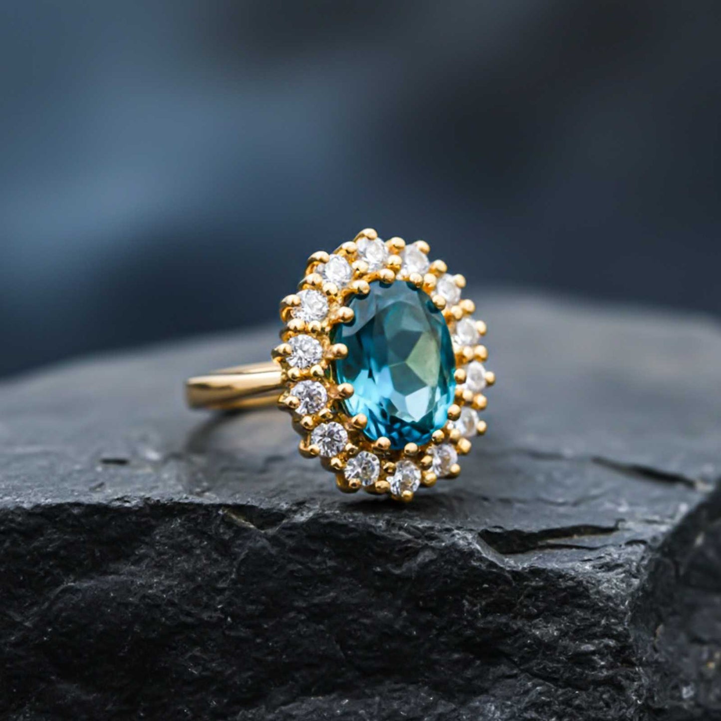 Silver Blue Topaz Halo Ring for Women