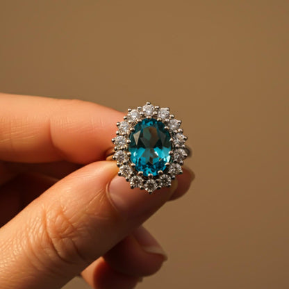 Silver Blue Topaz Halo Ring for Women