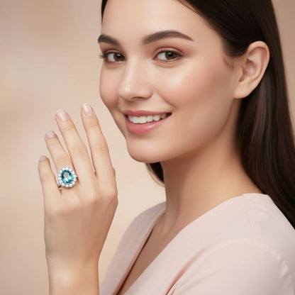 Silver Blue Topaz Halo Ring for Women