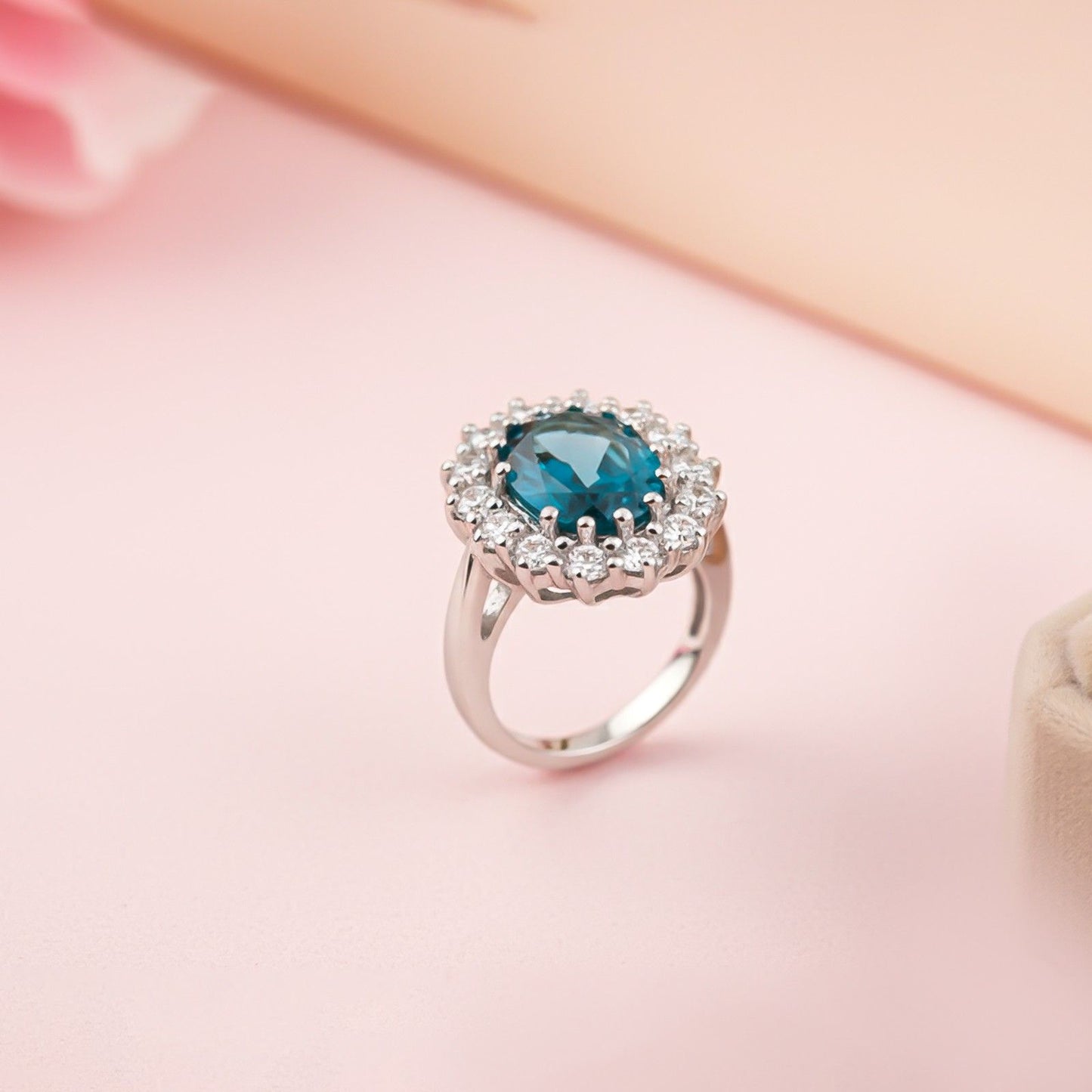 Silver Blue Topaz Halo Ring for Women