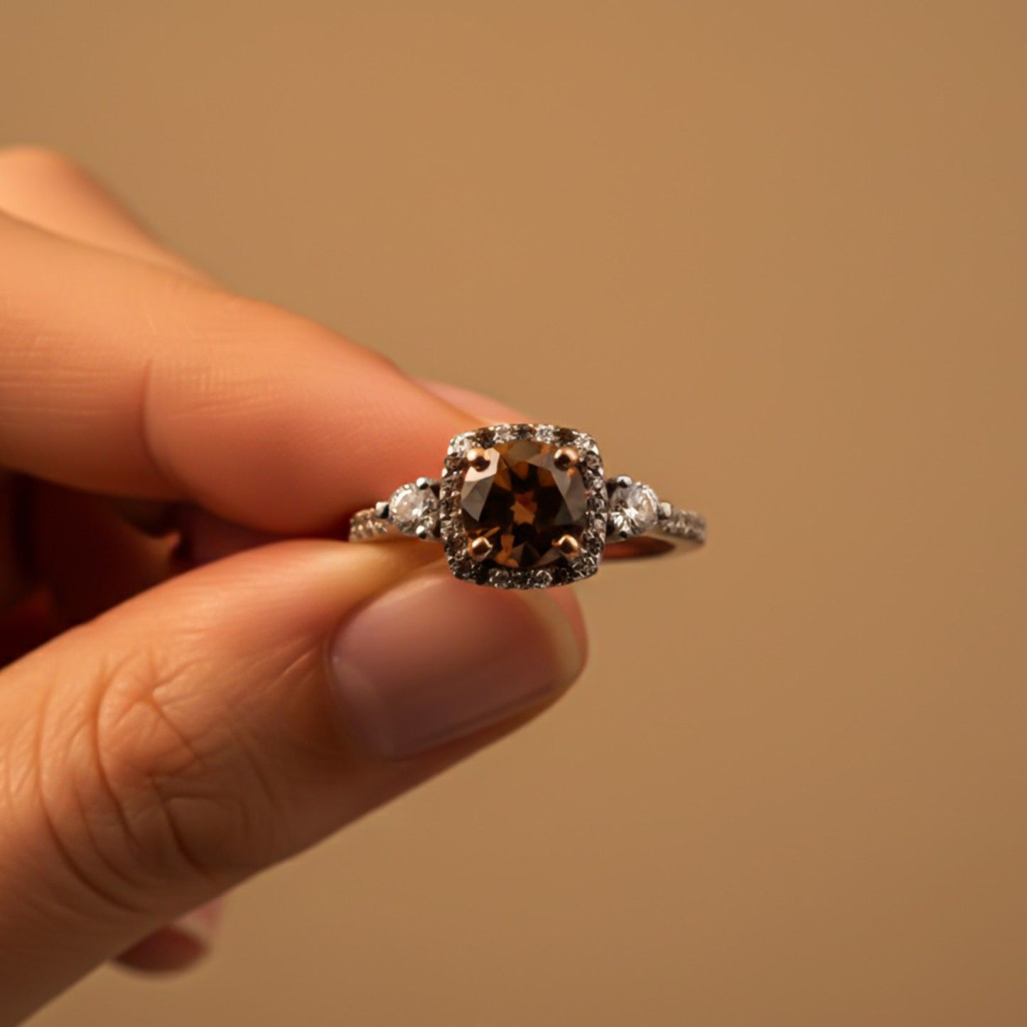 Silver Smoky Quartz Halo Ring for Women
