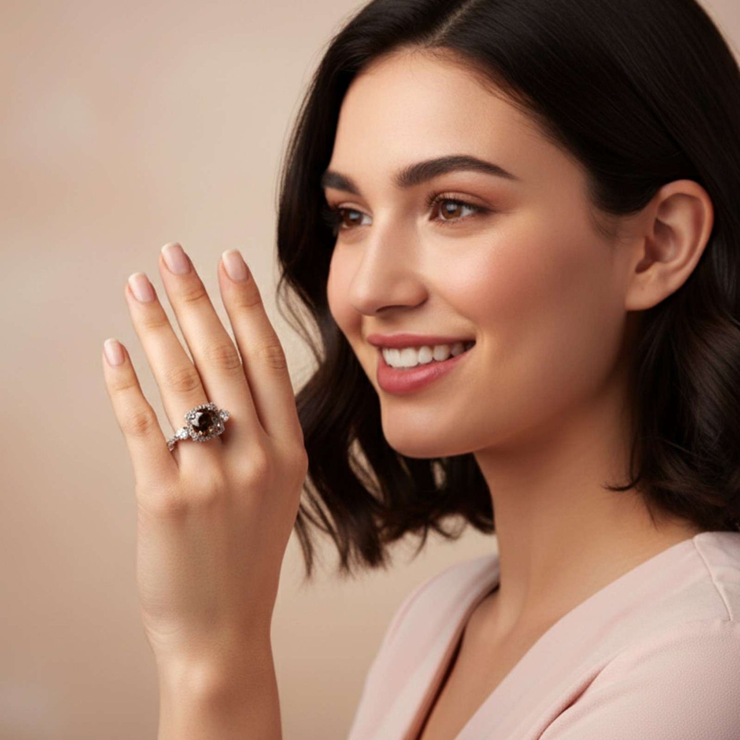 Silver Smoky Quartz Halo Ring for Women