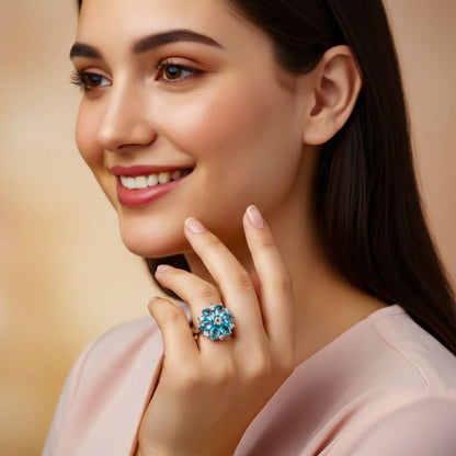 Silver Topaz Floral Cluster Ring for Women