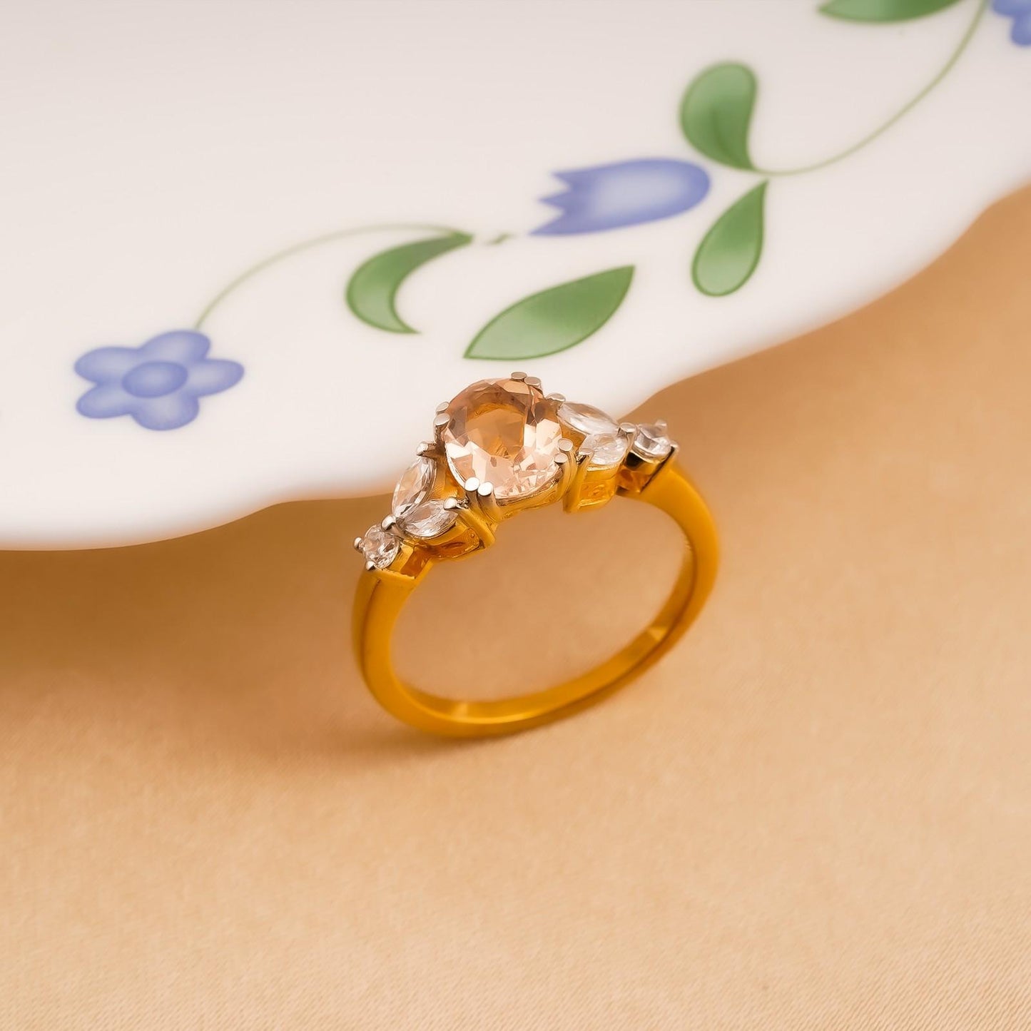Silver Champagne Three-Stone Ring for Women