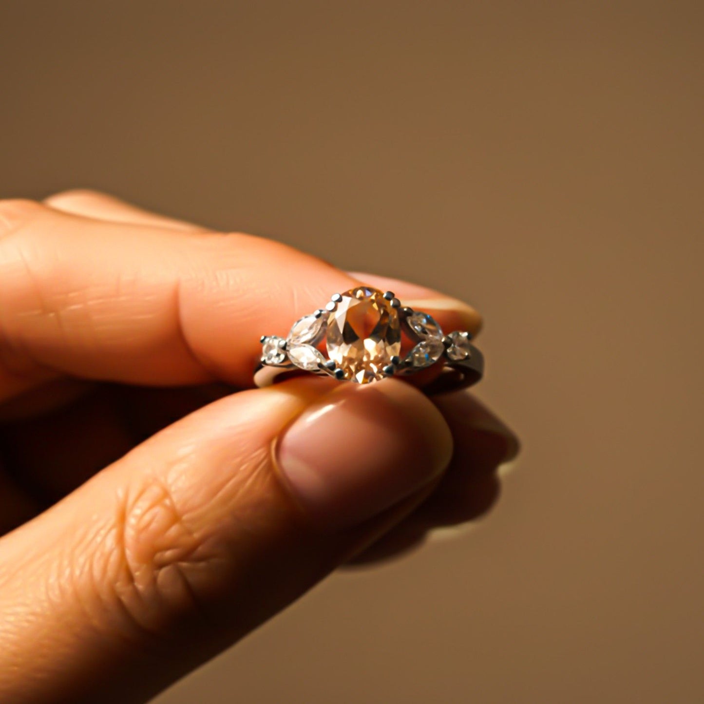 Silver Champagne Three-Stone Ring for Women