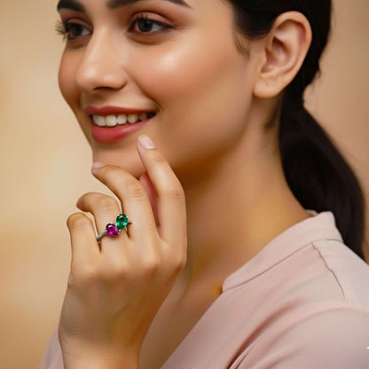 Silver Ruby & Emerald Heart Ring for Women