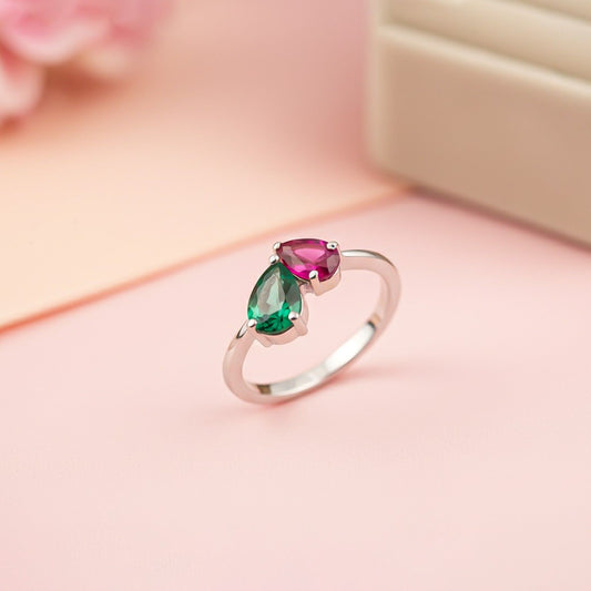 Silver Ruby & Emerald Heart Ring for Women