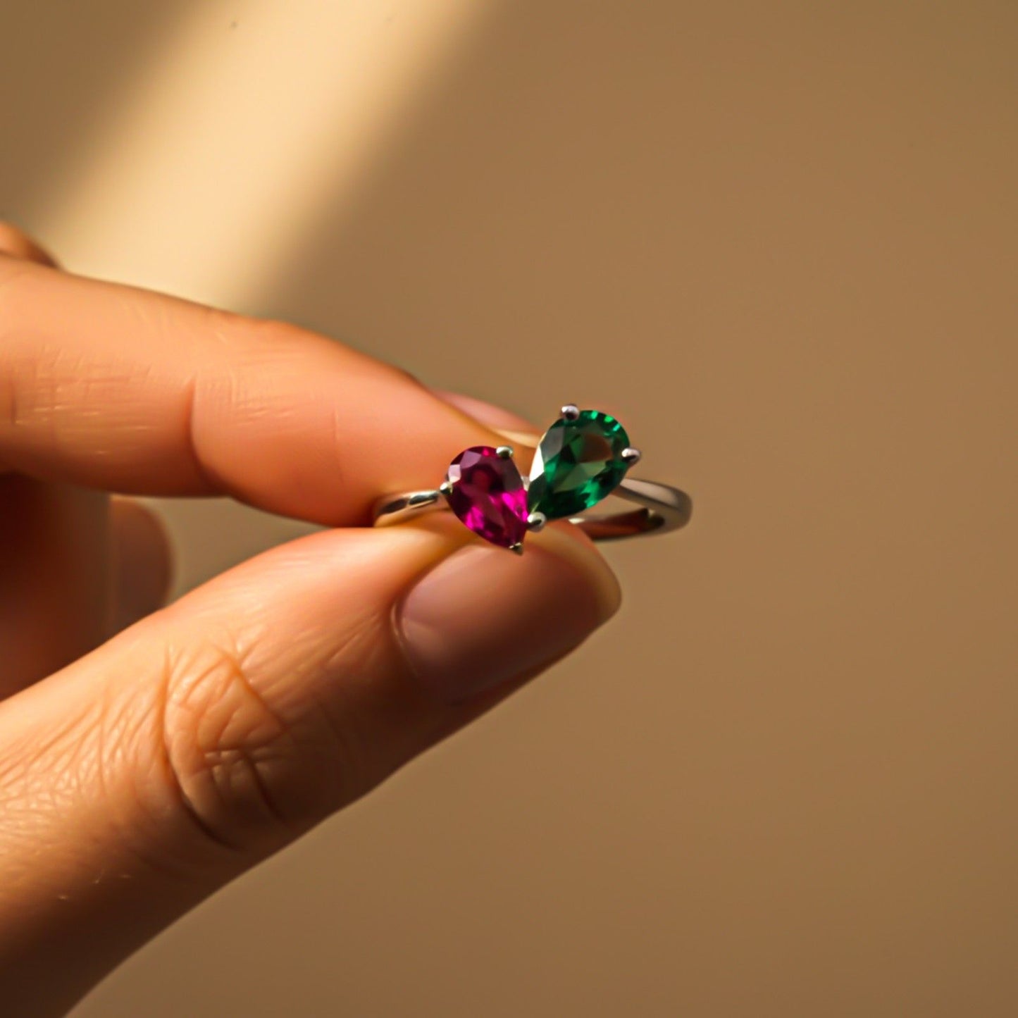 Silver Ruby & Emerald Heart Ring for Women