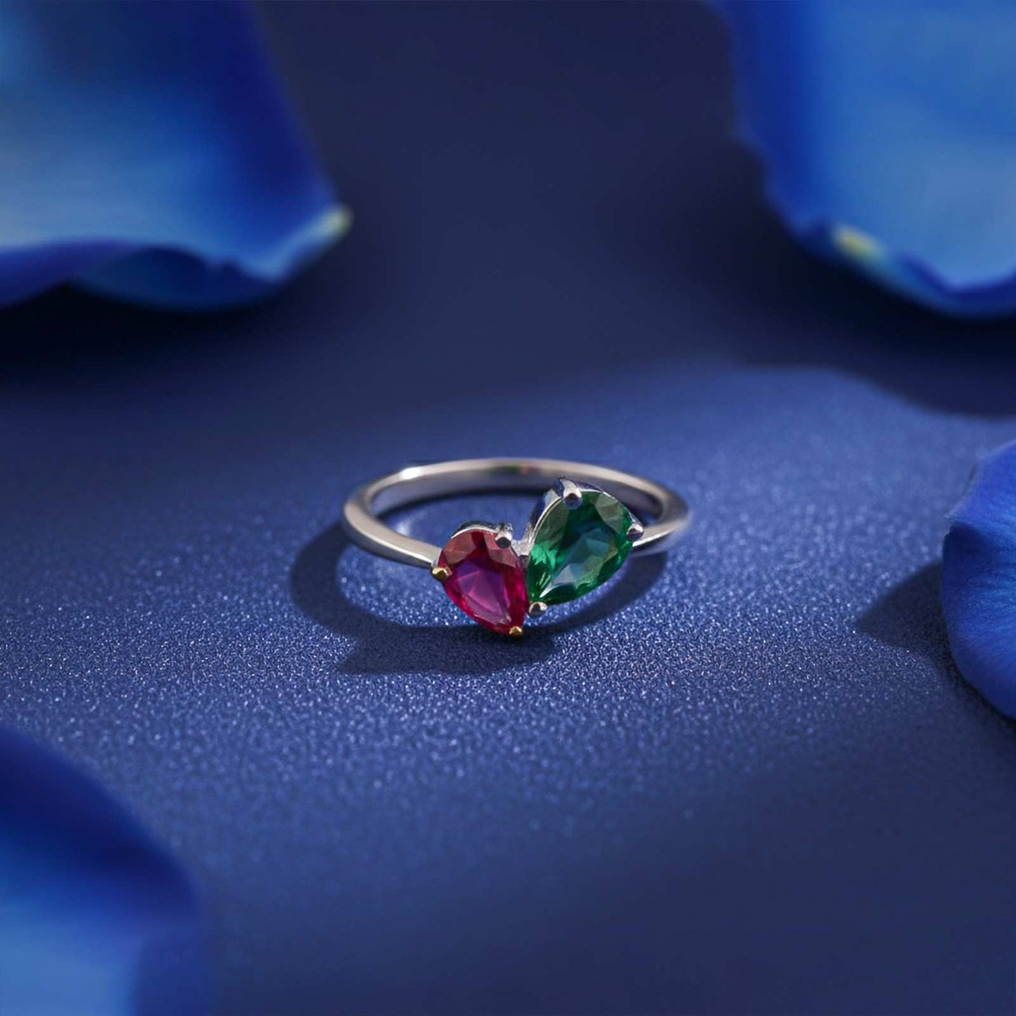 Silver Ruby & Emerald Heart Ring for Women