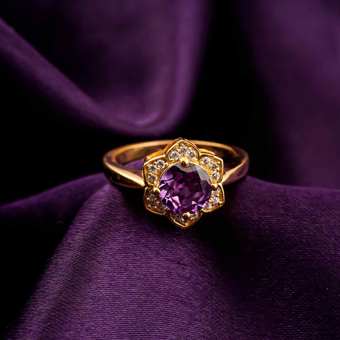 Silver Amethyst Floral Halo Ring for Women