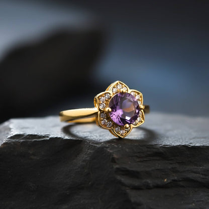 Silver Amethyst Floral Halo Ring for Women