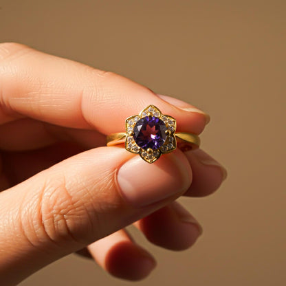 Silver Amethyst Floral Halo Ring for Women