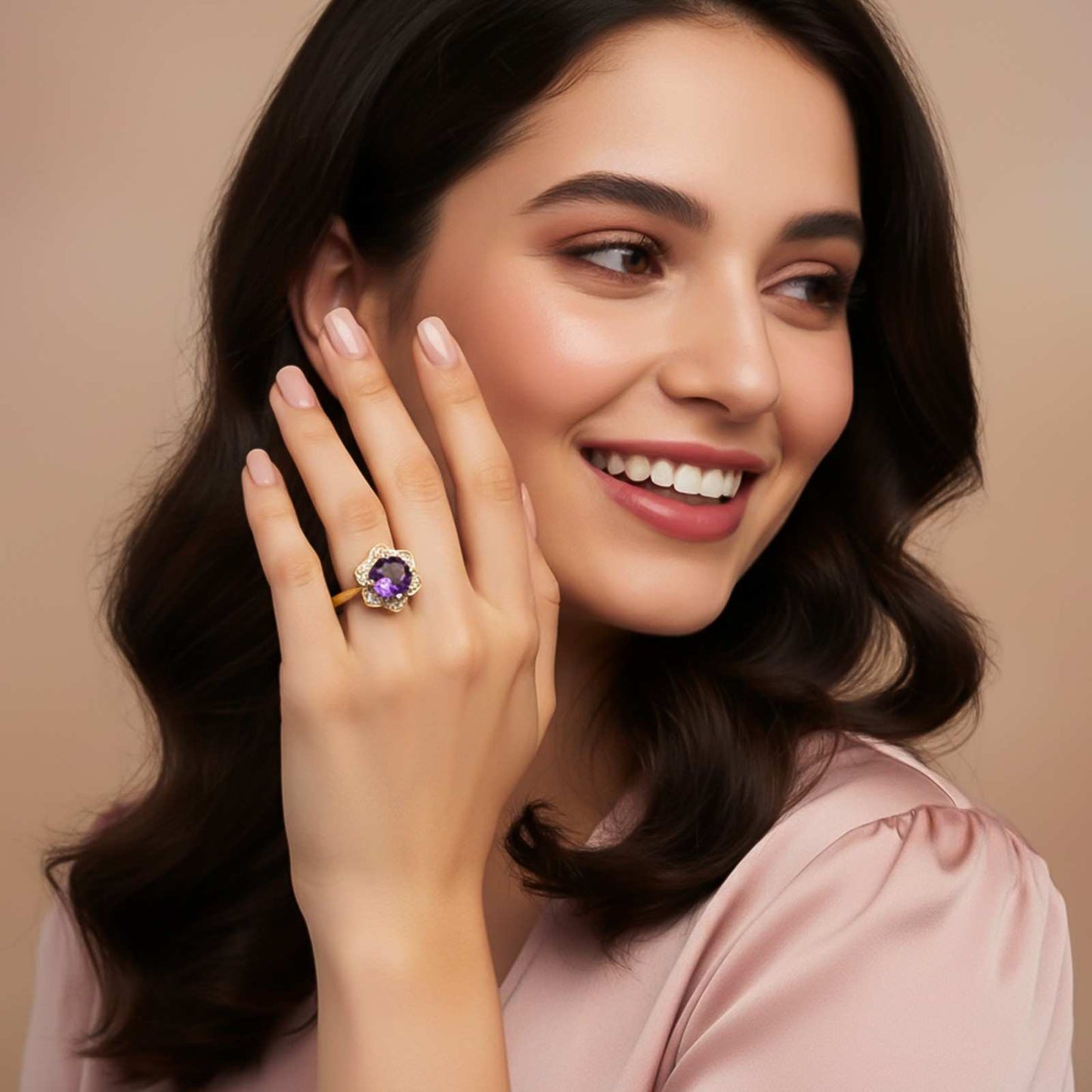 Silver Amethyst Floral Halo Ring for Women