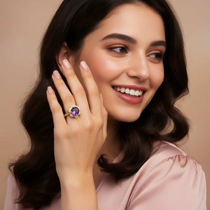 Silver Amethyst Floral Halo Ring for Women