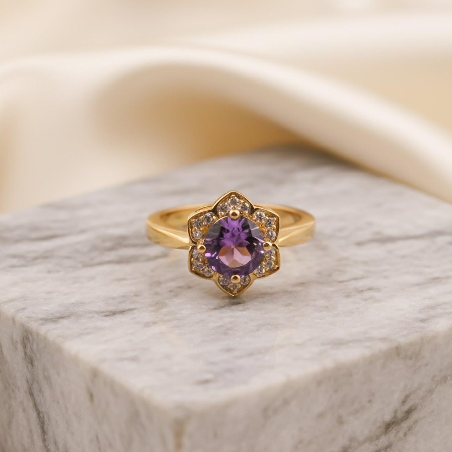 Silver Amethyst Floral Halo Ring for Women