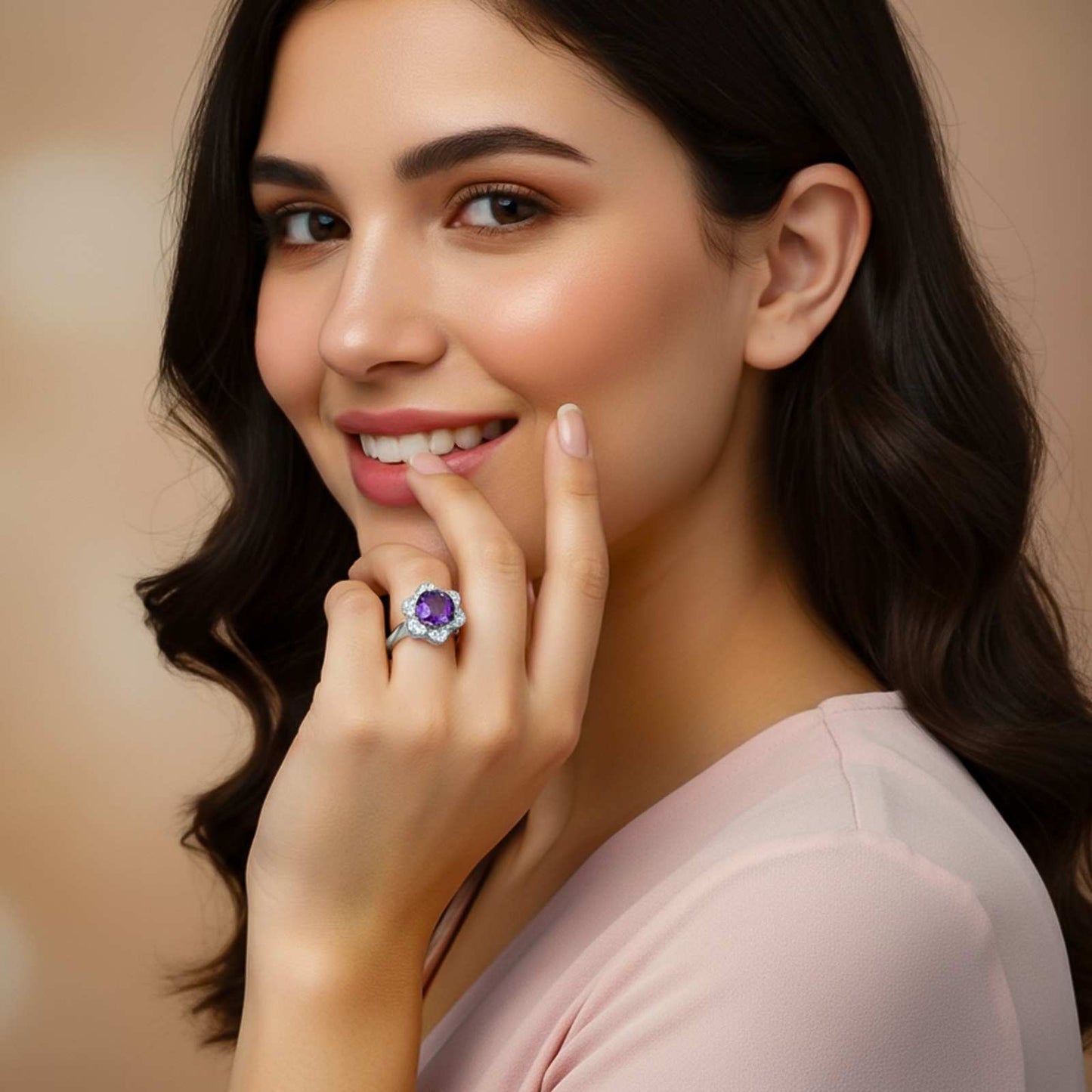 Silver Amethyst Floral Halo Ring for Women