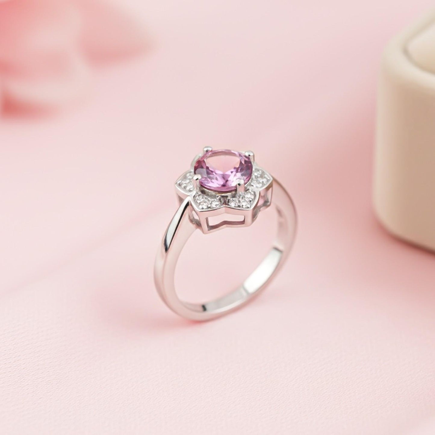 Silver Amethyst Floral Halo Ring for Women