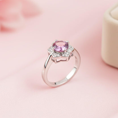 Silver Amethyst Floral Halo Ring for Women