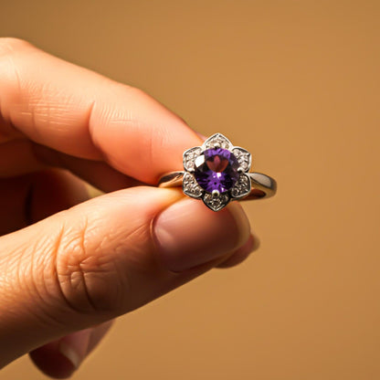 Silver Amethyst Floral Halo Ring for Women