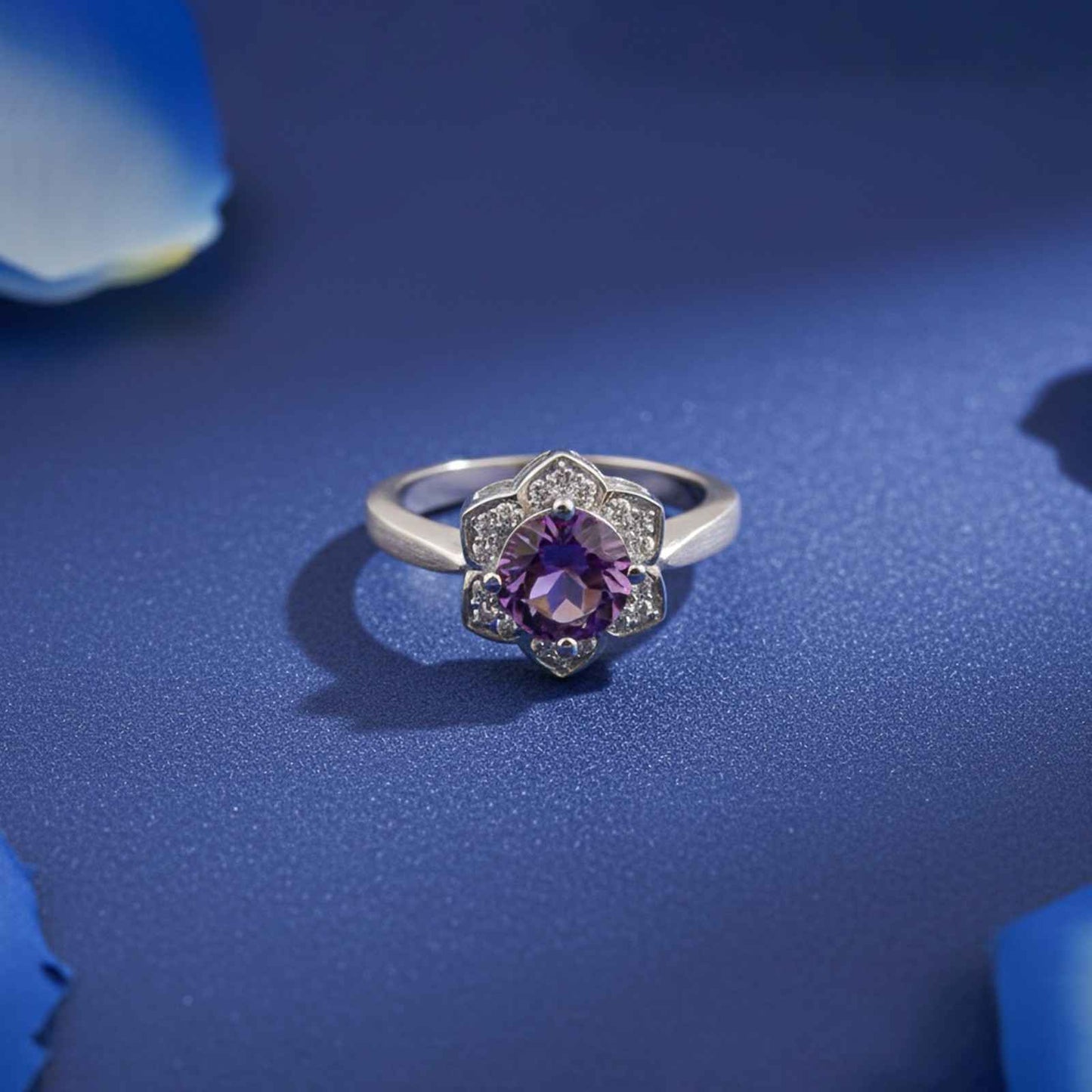 Silver Amethyst Floral Halo Ring for Women