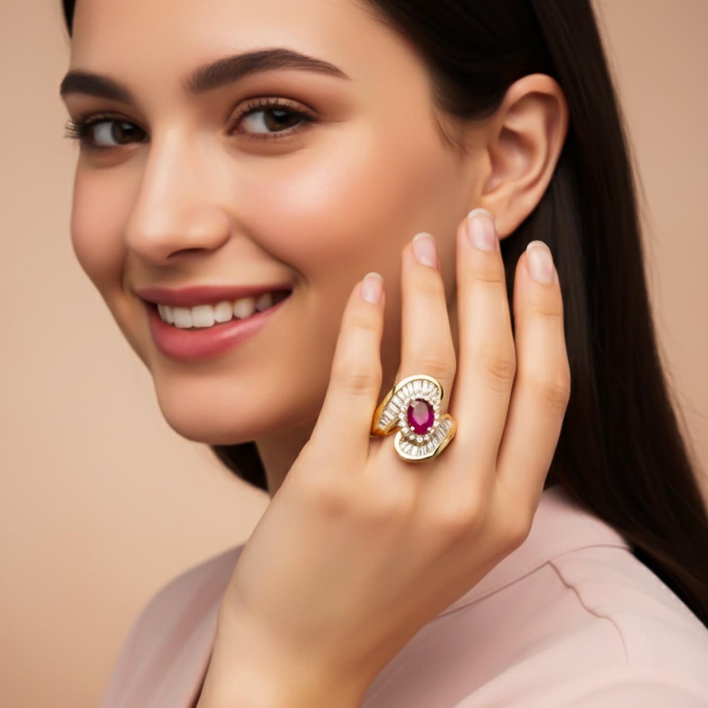 Silver Ruby Halo Statement Ring for Women