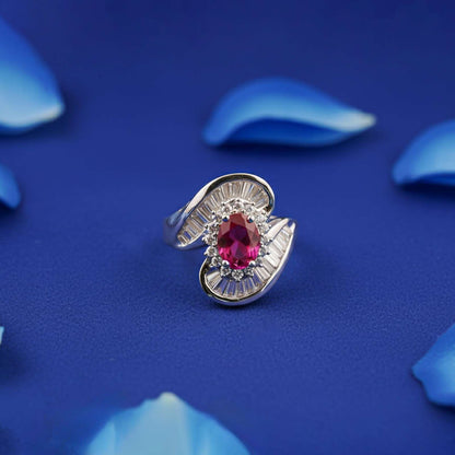Silver Ruby Halo Statement Ring for Women