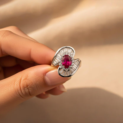 Silver Ruby Halo Statement Ring for Women