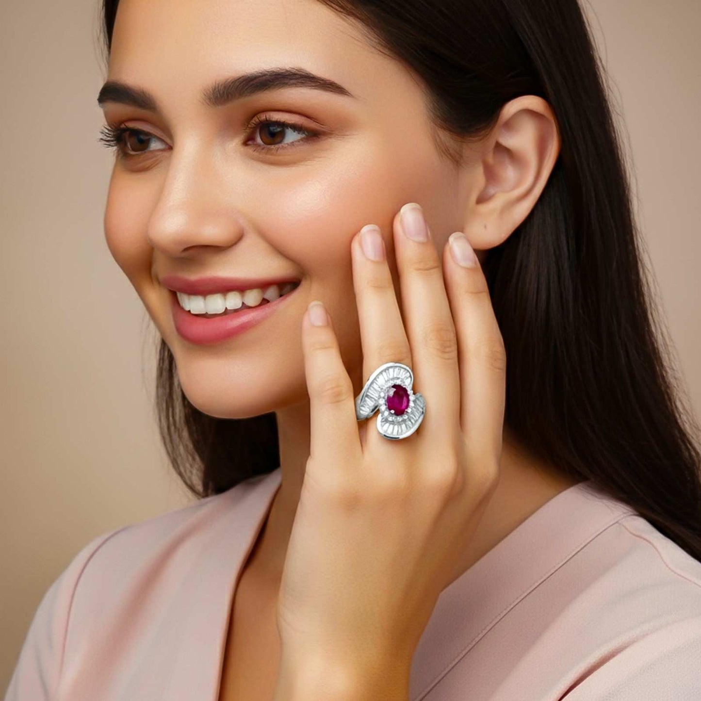 Silver Ruby Halo Statement Ring for Women