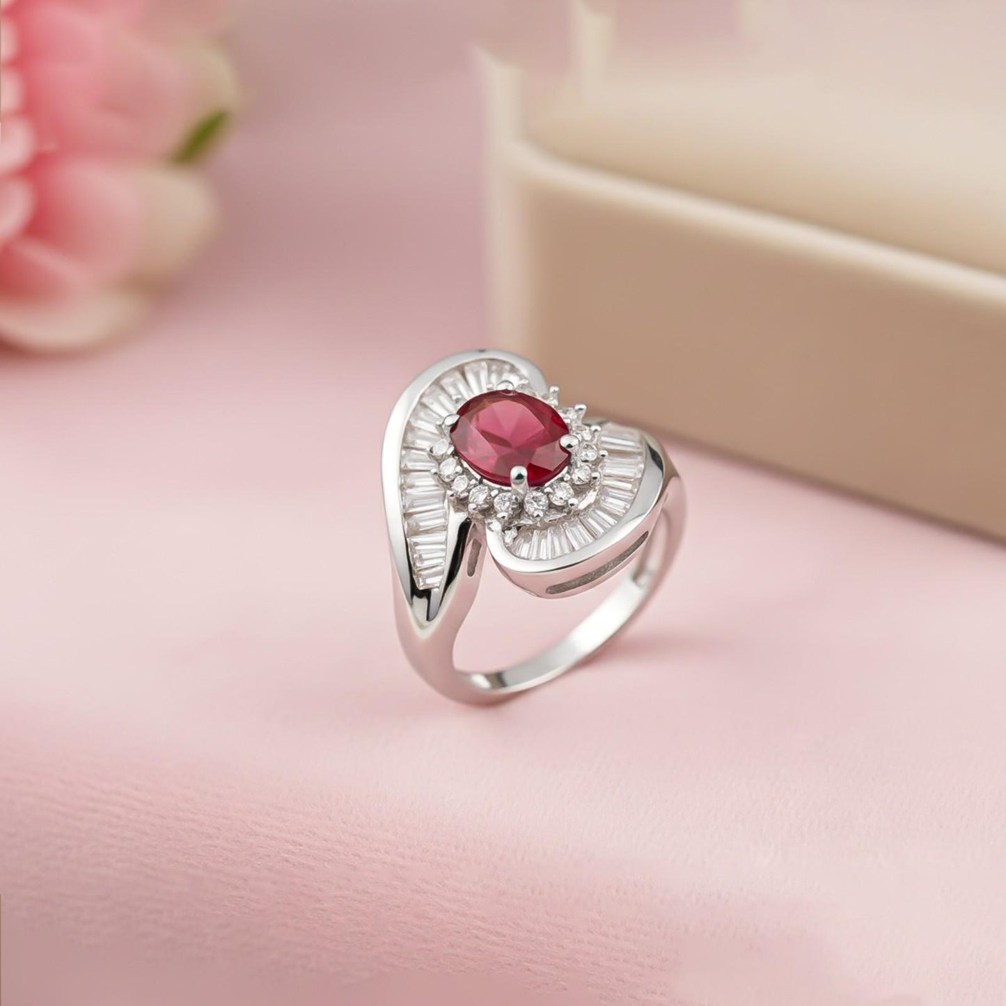 Silver Ruby Halo Statement Ring for Women