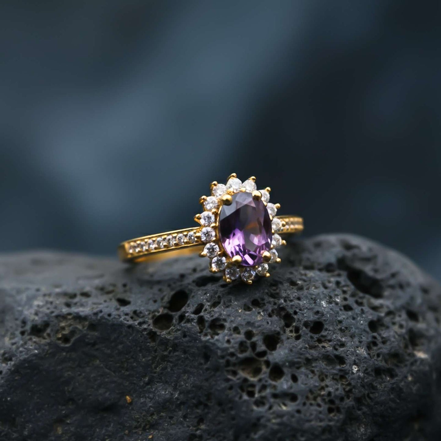 Silver Amethyst Halo Ring for Women