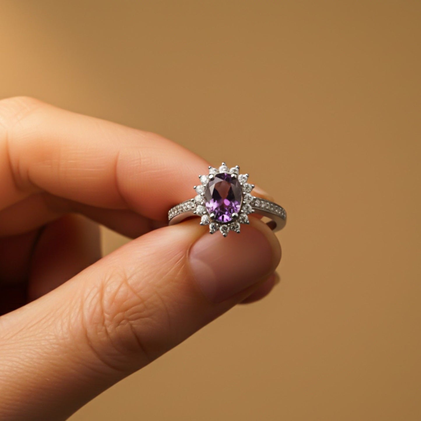 Silver Amethyst Halo Ring for Women