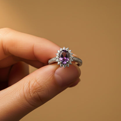 Silver Amethyst Halo Ring for Women