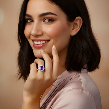 Silver Amethyst Halo Ring for Women