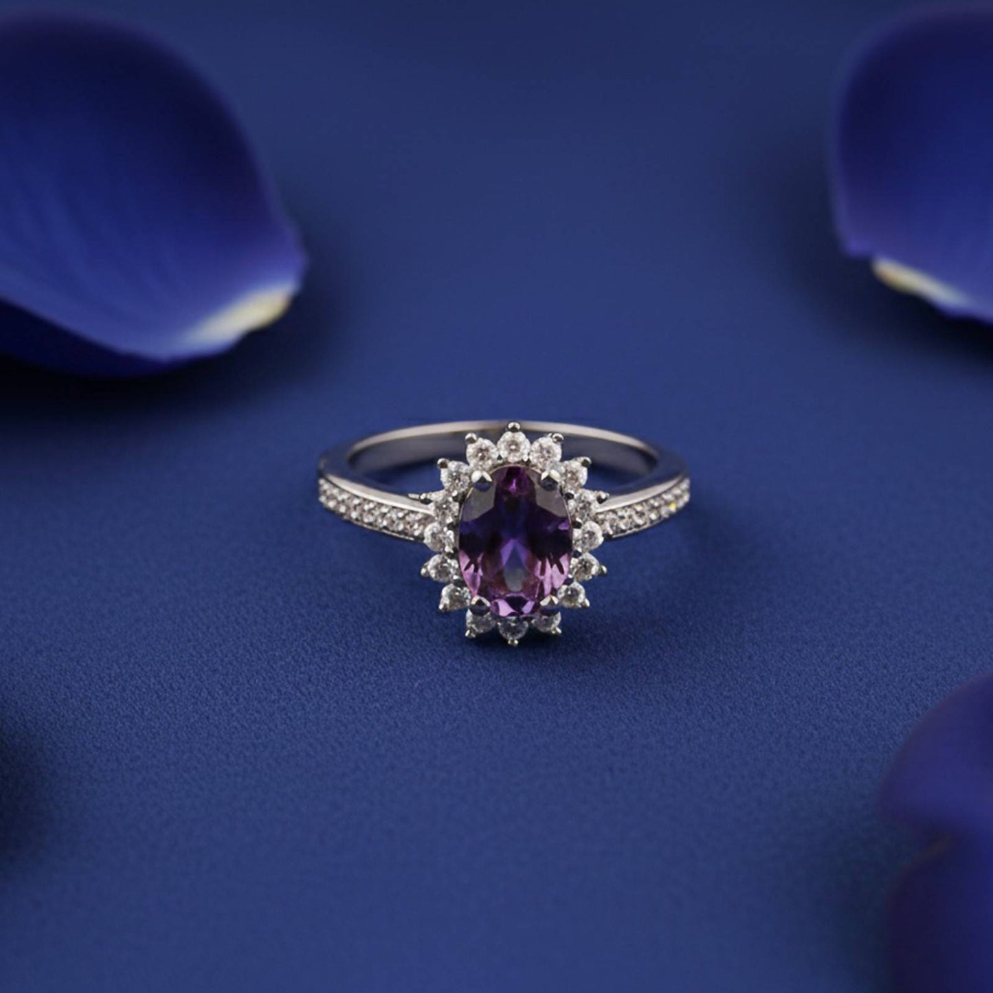 Silver Amethyst Halo Ring for Women