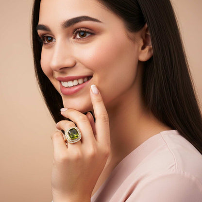 Silver Peridot Double Halo Ring for Women