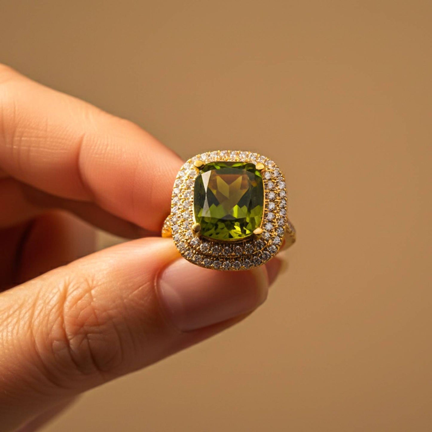 Silver Peridot Double Halo Ring for Women