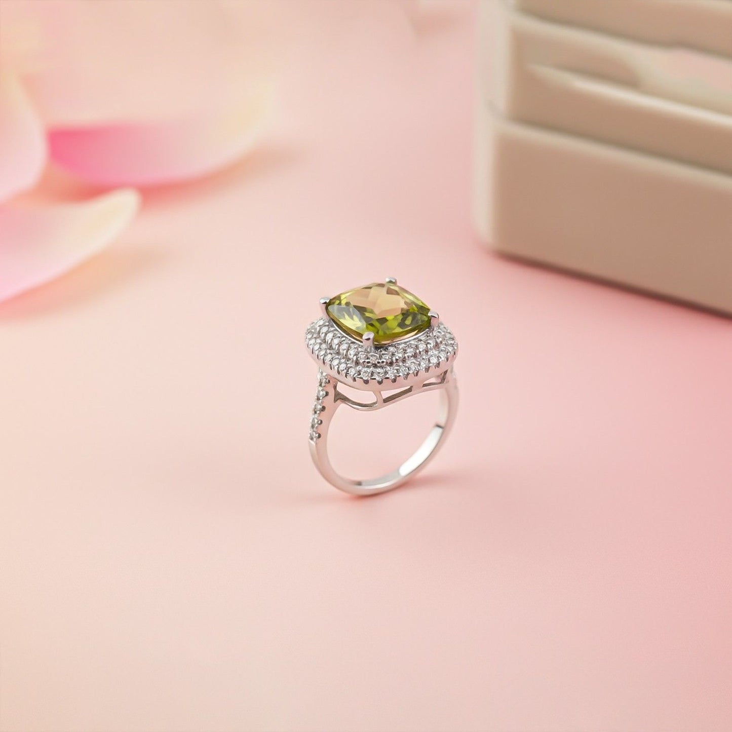 Silver Peridot Double Halo Ring for Women