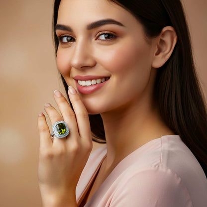 Silver Peridot Double Halo Ring for Women