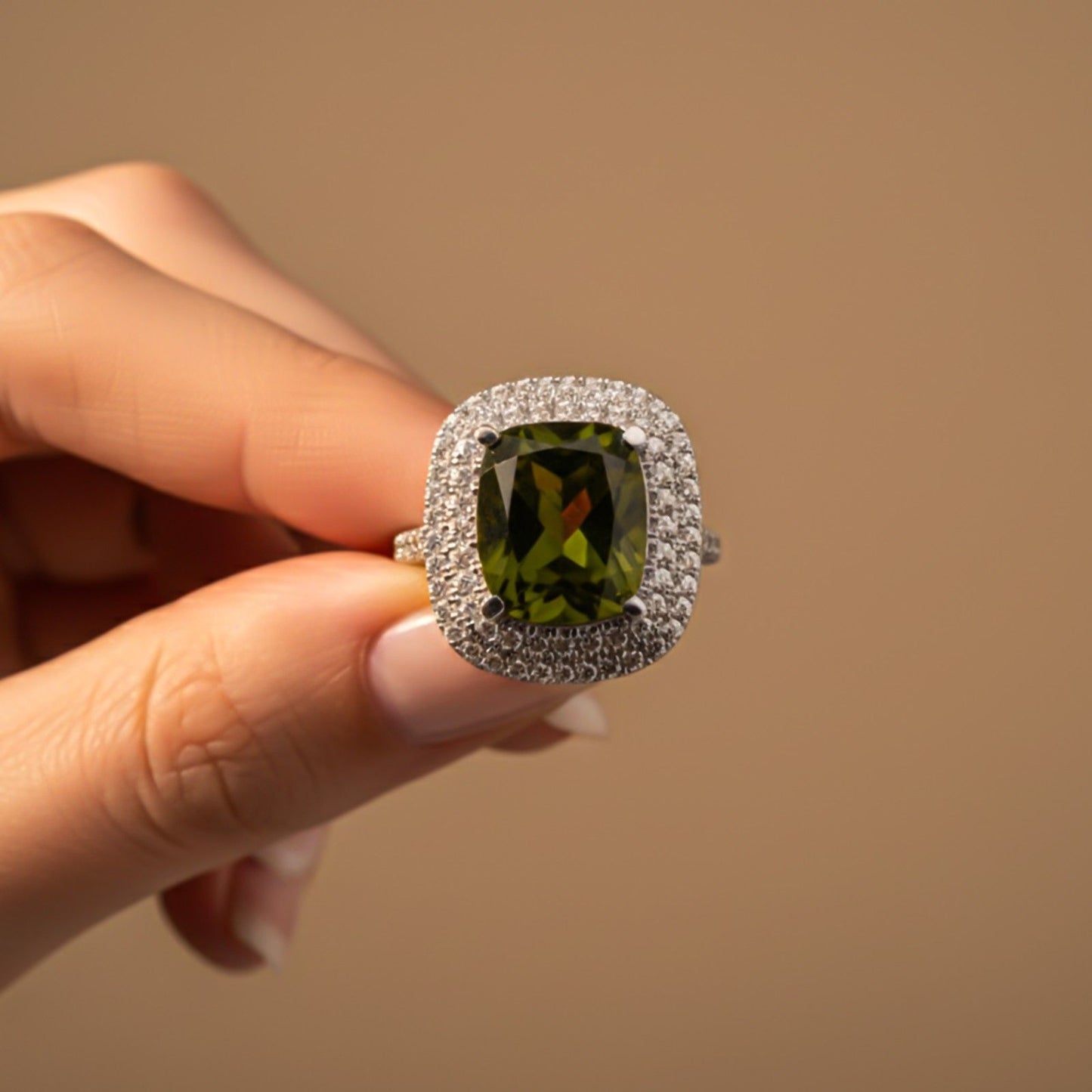 Silver Peridot Double Halo Ring for Women