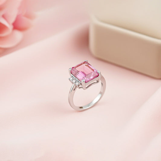 Silver Pink Sapphire Statement Ring for Women