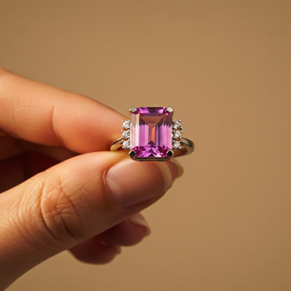 Silver Pink Sapphire Statement Ring for Women