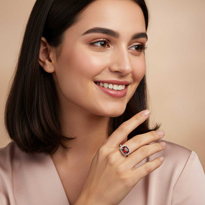 Silver Red Ruby Halo Ring for Women