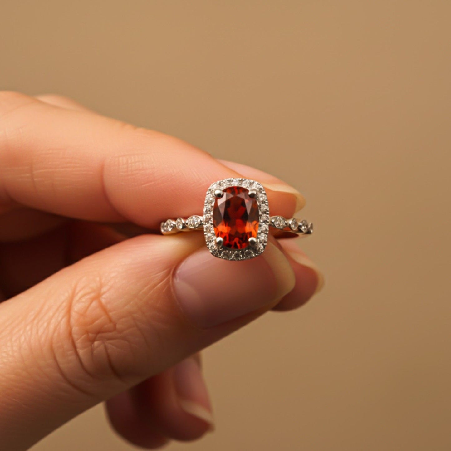Silver Red Ruby Halo Ring for Women