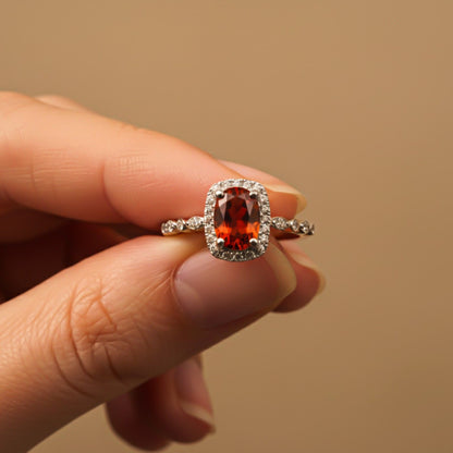 Silver Red Ruby Halo Ring for Women